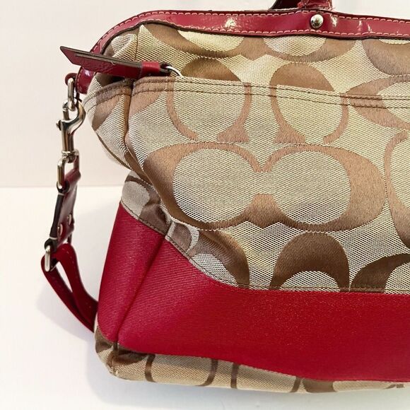 Coach Khaki Signature Cherry Red Tote Bag Handbag Weekender F17443 Patent Large - Picture 10 of 16